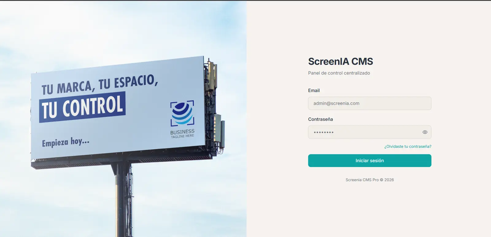 Panel de acceso de Screenia CMS Pro, software de gestión de pantallas digitales
